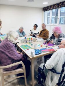 The Kingsclere Court expressive art group enjoyed a relaxing creative session with music, painting, and Carmen’s guidance, bringing colour and joy to residents.
